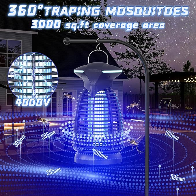 Bug Zapper Outdoor for Mosquito Flies - Electric 4000V Powerful Bug Zappers Indoor Waterproof Insect Killer Trap Lamp with LED Light for Patio Backyard Porch Garage & Home