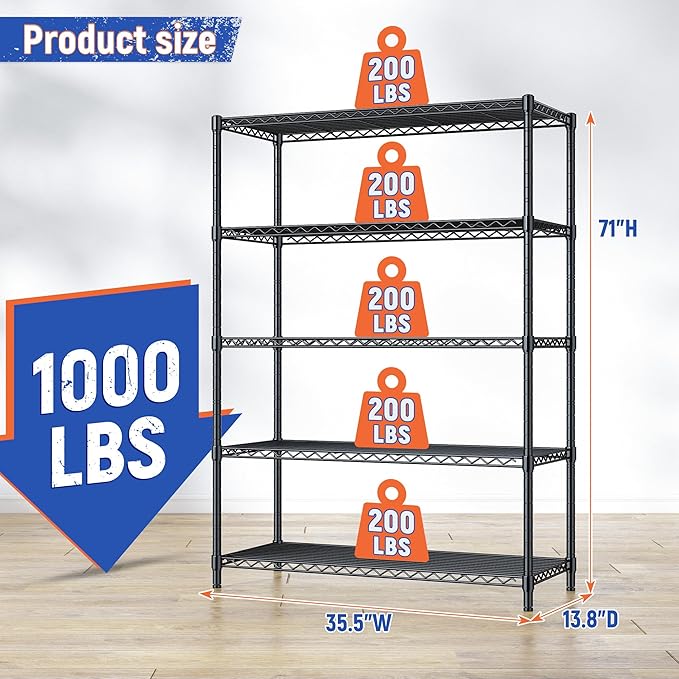 Romorgniz 5 Tier Storage Shelves 71"H Wire Shelving Adjustable Metal Shelving,1000LBS Pantry Shelves Sturdy Steel Wire Shelf for Kitchen Commercial Pantry Garage Warehouse ,71"H X35.5"W X13.8"D, Black
