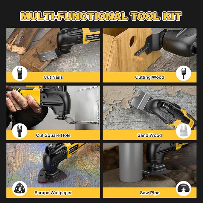 Cordless Oscillating Tool for Dewalt 20V Battery,6 Variable Speed Brushless-Motor Tool,22Pcs Oscillating Multi Tool Kit for Cutting Wood Drywall Nails Remove Grout & Sanding(Tools Only)