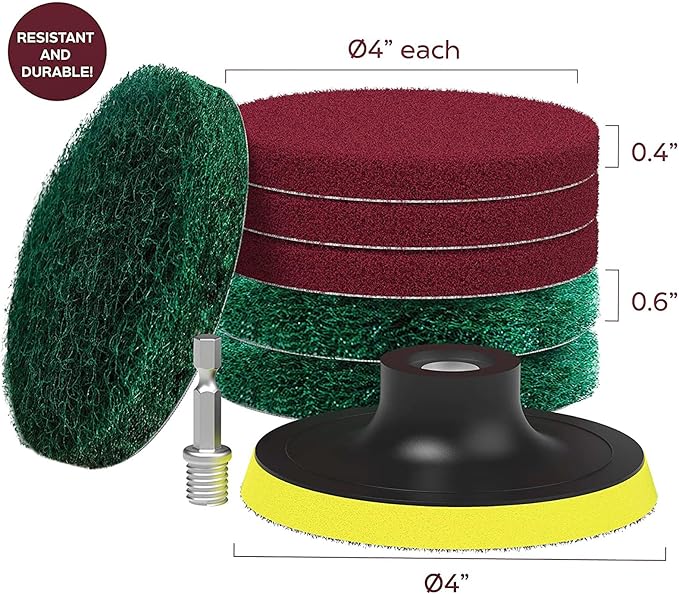 4 Inch Drill Powered Brush Tile Scrubber Scouring Pads,6 Scrubbing Pads with 4 Inch Pad Holder,1Quick Change Hex Shaft for Kitchen Bathroom Grout Tub Grill Cleans Large Flat Areas
