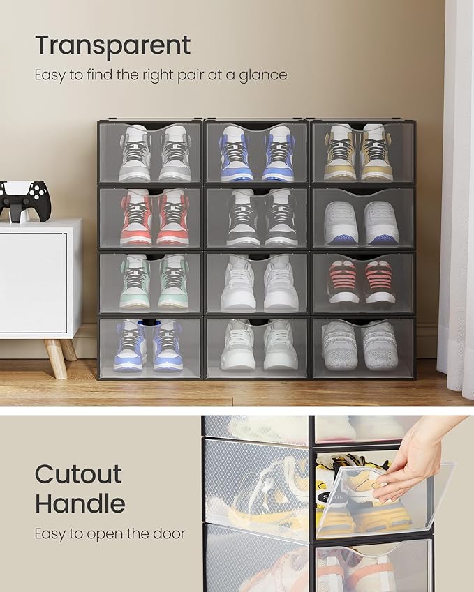 SONGMICS Shoe Boxes, Shoe Storage Organizers Rack for Closet, Plastic Stackable Sneaker Containers Case, 12 Pack, Transparent and Ink Black ULSP312B01