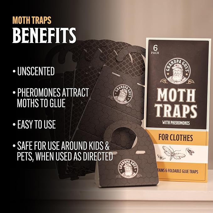 Grandpa Gus's Clothes Moth Traps, Potent Pheromone Sticky Glue Traps for Case-Making and Web Spinning Moths, Moths Repellent for Clothing, Closets & Carpets, Pack of 6