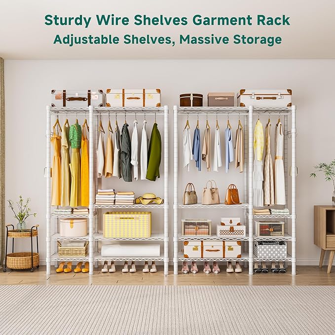 Heavy Duty Garment Rack, Metal Freestanding Closet Wardrobe Clothes Racks for Hanging Clothes, 4 Tiers Adjustable Wire Shelving, 44.9'' L x 16.5'' W x 76.8 '' H, Max Load 850LBS, White