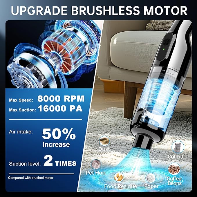 dormzie Handheld Vacuum Cordless, 16000Pa Powerful Suction, Lightweight at 1.3 lbs, Rechargeable Car Vacuum Cleaners for Home Office Car Pets with Brushless Motor, Multiple Accessories