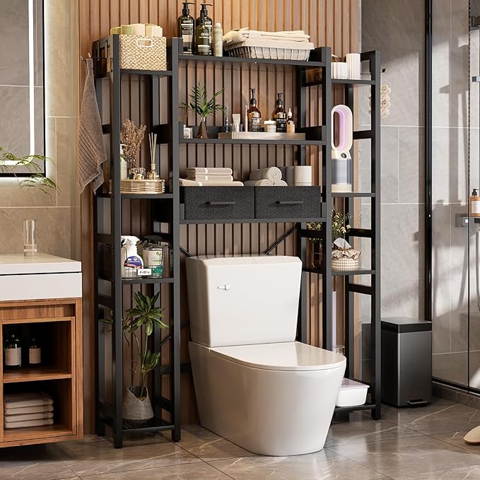 Besiost Over The Toilet Storage with 2 Drawers - 11 Tier Bathroom Organizer Freestanding Space Saver Storage Rack with Adjustable Shelf Above Toilet Stand with 4 Hooks for Restroom, Laundry, Black