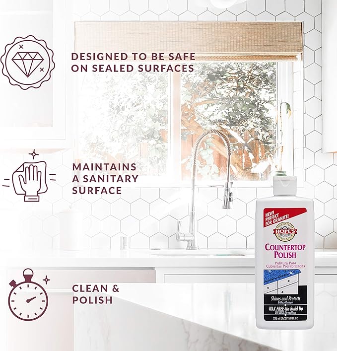 HOPE'S Countertop Restoration Polish - Shines and Protects with No Build-Up - Streak-Free Kitchen Counter Cleaner - Quartz, Marble, Corian, Laminate, Granite Countertop Cleaner, 8 Fl Oz, Pack of 1