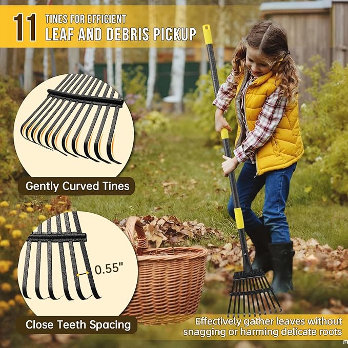 Leaf Rake, Small Rake for Leaves with 30"-75" Adjustable Long Handle, 11 Tines 8.5" Wide, Metal Rakes Heavy Duty for Lawns, Gardening, Yard, Camping, Shrub, Grass, Bush, Weed, Debris