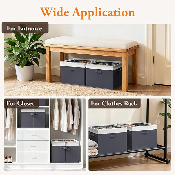StoreHappily Shoe Organizer for Closet - 2 Packs Hold up to 32 Pairs, Large Shoe Storage Organizer Containers with Adjustable Dividers, Clear Cover, Leather Handles for Heels, Boots, Sneakers (Gray)