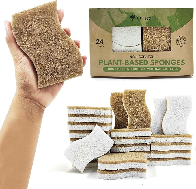 Natural Kitchen Sponges (24 Pack) - Biodegradable Cellulose & Coconut Scrubber Dish Sponges for Kitchen - Eco-Friendly, Non Scratch, Compostable, Non Toxic S-Shaped Natural Sponges for Dishes