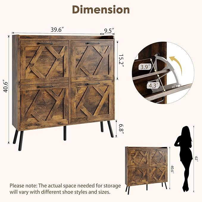 Nicetree Shoe Cabinet with 4 Flip Drawers, Freestanding Shoe Storage Cabinet with Metal Legs, Farmhouse Narrow Shoe Rack Cabinet for Entryway, Foyer, Hallway, Rustic Brown