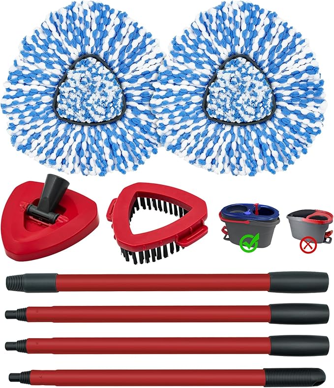 Spin Mop Handle, Mop Heads Replacements,Scrubber Brush and Mop Base Compatible with Ocedar RinseClean 2-Tank System, Mop Handle and Head Replacement Combo Set for Wet Dry Use Floor Cleaning