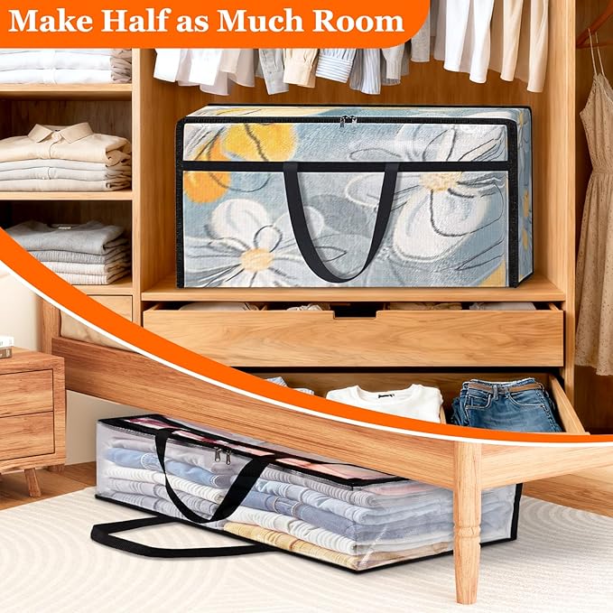 TasticTotes 6 Pack Long Clear Storage Bags for Comforter, Clothes & Bedding, Plastic Blanket Storage with Zipper and Handle, Moving Bags, Closet Organizer and Under-Bed Storage (90L, 39.4"*7.1"*19.7")