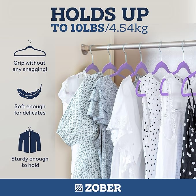 ZOBER Purple Velvet Hangers 50 Pack - Clothes Hangers, Coat Hanger for Pants & Dress Clothes - Non Slip w/ 360 Degree Swivel, Holds up to 10 lbs - Strong Felt Hanger for Clothing