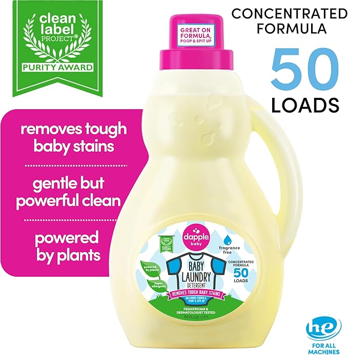 Dapple Baby Laundry Detergent, Plant Powered, Hypoallergenic, Fragrance Free, Concentrated, 50 fl oz (Pack of 2)