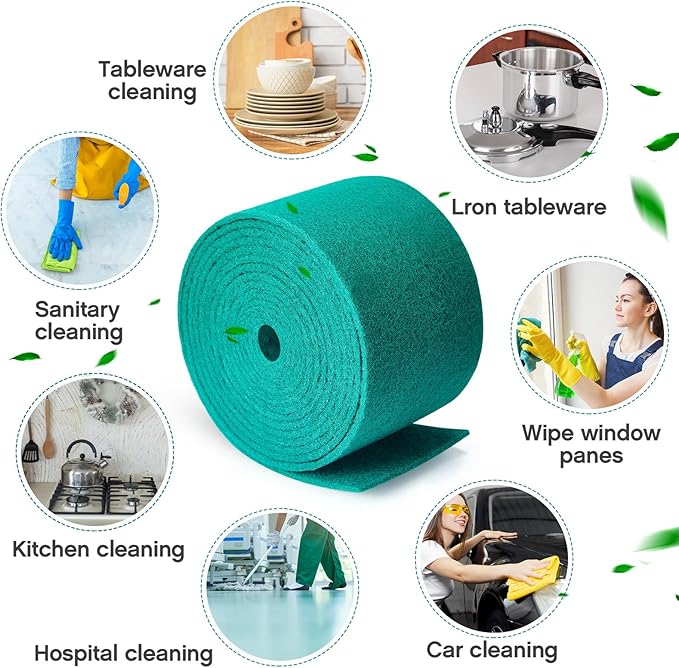 Tioncy 2 Pcs 40 ft Green Scrubbing Pads Roll Heavy Duty Scouring Pads Non Scratch Household Scrub Pads Anti Grease Scrubbing Pads for Dish Metal Grills, 20 ft x 6 in x 0.3 in