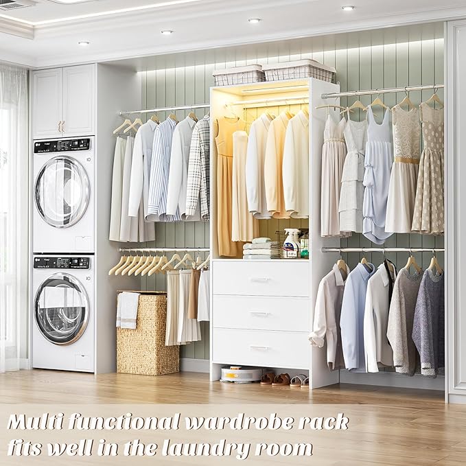 Aheaplus Closet System with Motion-Sensing Light, 3 Wooden Drawers and 4 Hanging Rods, Customizable Walk-in Closet Organizer with 3CCT LED, Heavy Duty Garment Rack for Bedroom, White
