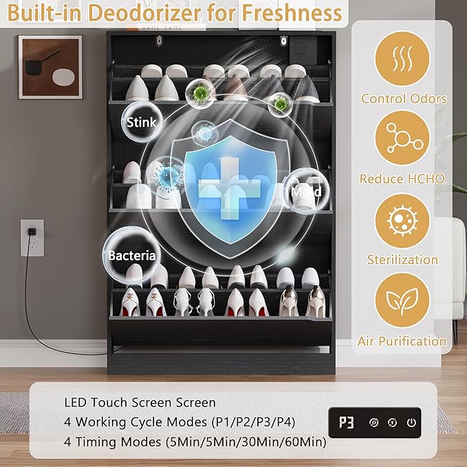 BORNOON Shoe Cabinet with Odor Control and Back Panels, Deodorizing Slim 3-Flip Shoe Storage Cabinet for Entryway, Freestanding Hidden Shoe Rack Organizer for Entrance, Hallway, Bedroom