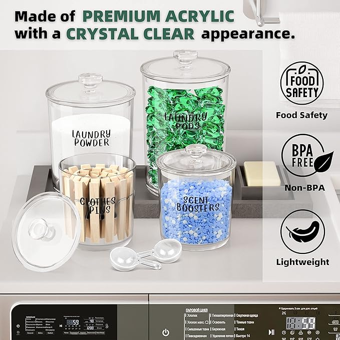 4 Pack Laundry Room Organization Jars - Laundry Storage Containers with Labels & Scoops Hold Pods, Powder, Scent Booster, Beads, Soap, Detergent - Great Laundry Organizer - Clear Acrylic