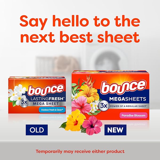 Bounce Mega Dryer Sheets, Paradise Blossom, 130 Count, Mega Fabric Softener Sheets with Static Control, Wrinkle Reduction, Extra Softness, Lasting Scent, Repels Lint