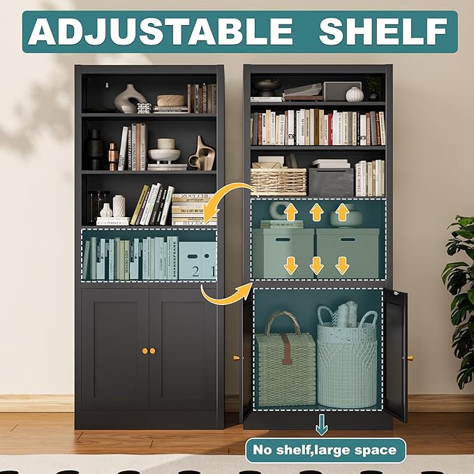 Bookshelf with Doors and Adjustable Shelves, 55" Tall Metal 5-Tier Bookcase, Freestanding Bookshelf for Living Room, Home Office, Kitchen Pantry Organizer Rack (Black)