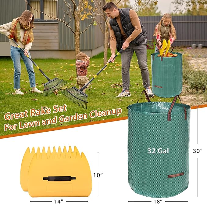 Rake for Leaves: Large 18" Wide Metal Leaf Rake, 65” Long Handle,25 Tines,Heavy Duty Graden Rakes Set for Lawn Yard Pine Needles Mulch Thatch Debris Cleanup Set with 32Gallon Leaf Bags and Scoops