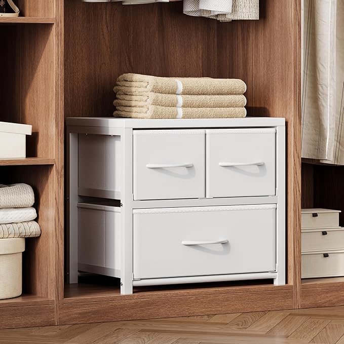 Homeiju Stackable 3-Drawer Fabric Dresser with Waterproof Wood Top – Closet Drawers & Storage Drawers for Bedroom, Modern Metal Frame Design (2 Tier-1 Pack)