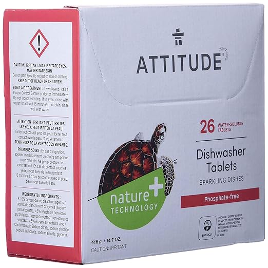 ATTITUDE Dishwasher Tablets, Water-soluble Plant- and Mineral-Based Effective Formula, Phosphate-free, Vegan and Cruelty-free, Unscented, 26 Count (Pack of 2)