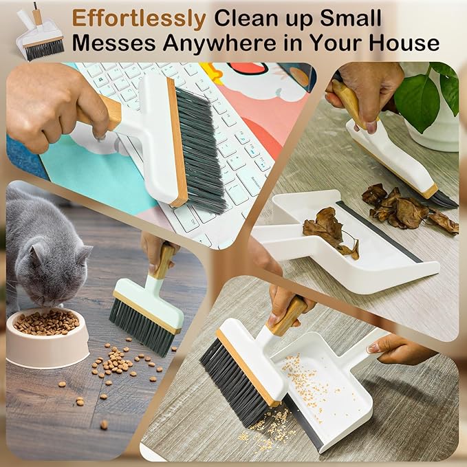 THINKLEARN Mini Dustpan and Brush Set, Portable Broom and Dustpan Combo Set with Bamboo Handle and Soft Rubber Lip, Compact Cleaning Tool for Kids, Car, Desk, Pet, Camping