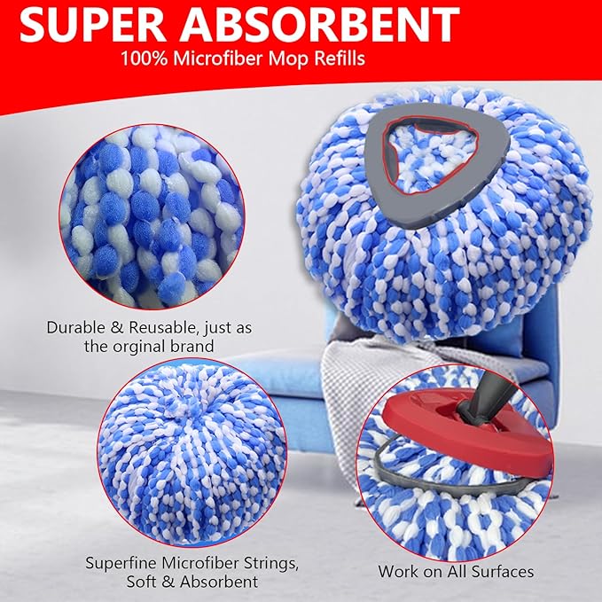 Spin Mop Replacement Heads Compatible with O Cedar RinseClean 2 Tank System,4 Pack Mop Refills Microfiber Mop Replace Heads,Deep Cleaning for All Flooring,Machine Washable and Easy to Install