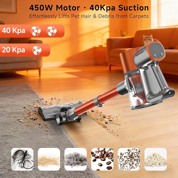 Cordless Stick Vacuum Cleaner - Lightweight Handheld Vacuum with Self Standing, Removable Battery with 45min Running Time, Anti-tangle Wireless Vacuum for Home Pet Hair/Hardwood Floor/Carpet OB