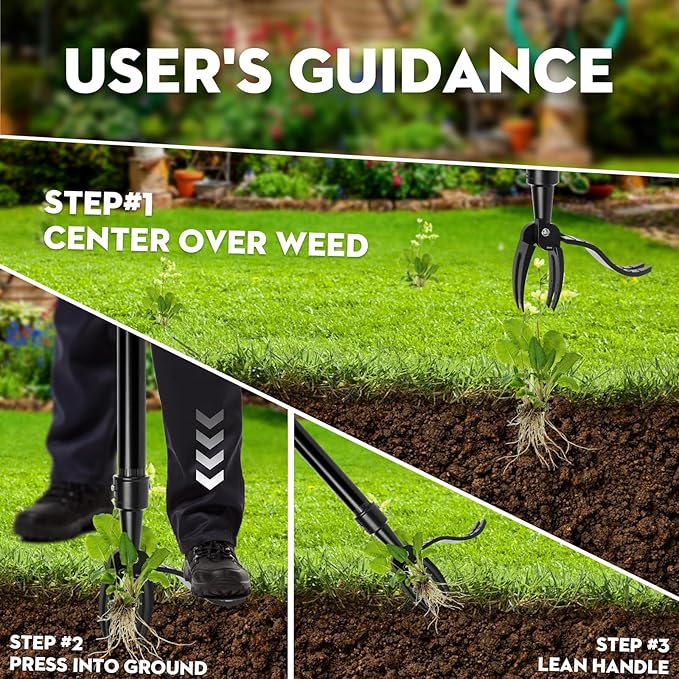 Manual Weed Puller Tool - 4-Claw Steel Head - Efficient Weed Remover with Long Handle for Garden Weeding Easily Remove Weeds Effortlessly Without Kneeling