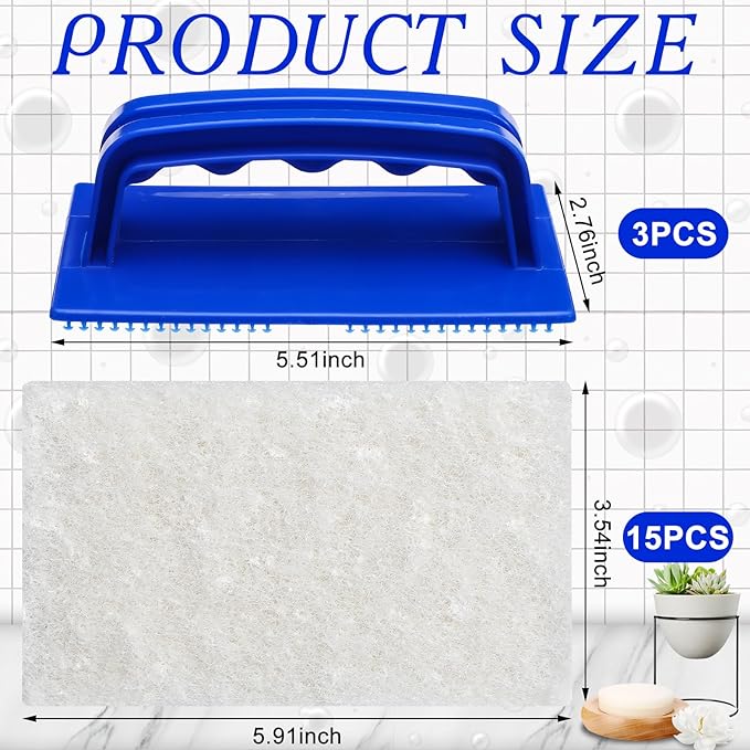 Maxdot 18 Pcs Handled Bath Scrubber Set, 15 Bathroom Scouring Pad 3 Bathtub Scrubber with Handle Non Scratch Soap Scum Remover for Cleaning Sink Shower Tile Swimming Pool Step Corner(Blue and White)