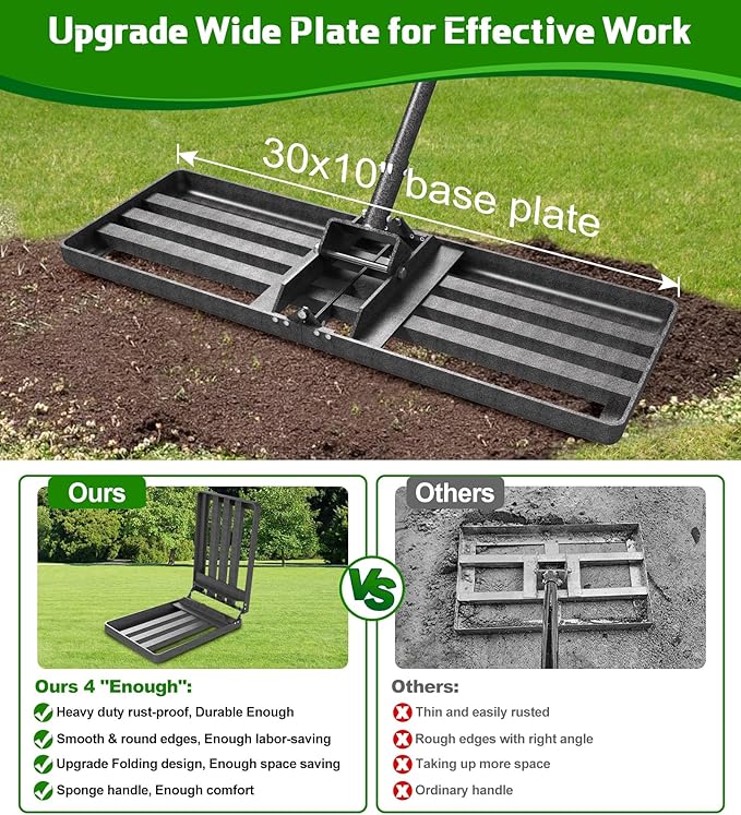 Lawn Leveling Rake 30x10 Inch , Heavy-Duty Yard Leveling Rake 6.2FT Leveler Tool for Soil, Sand & Topsoil, Backyard, Garden, Golf Course