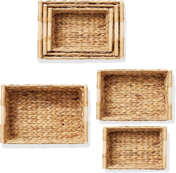Casafield Set of 3 Water Hyacinth Rectangular Storage Baskets with Wooden Handles - Small, Medium, and Large Woven Nesting Baskets for Organizing