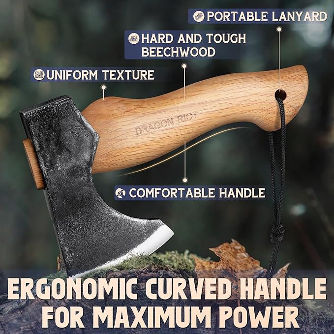 DRAGON RIOT 8.5 inch Camping Axes and Hatchets, Bushcraft Axe for Wood Splitting and Kindling, Hand Forged Carbon Steel Hatchets Axe, Ash Wood Handle, Retro Sheath with Gift Box