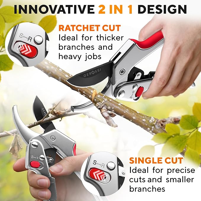 Ratchet Pruning Shears for Gardening Heavy Duty - Increases Cutting Power 3x - Perfect Ratchet Pruners for Weak Hands & Arthritis - 8” Anvil Garden Clippers - Sharp Blade for Effortless Cutting - Red