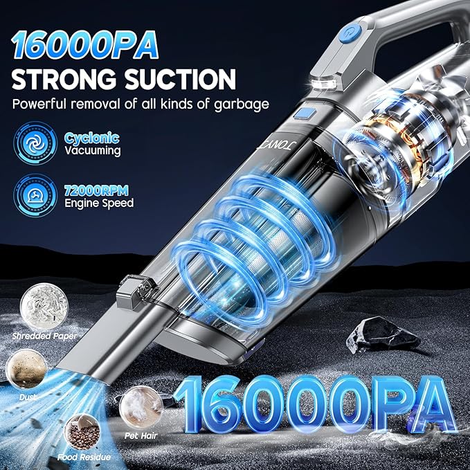 JONYJ Handheld Vacuum Cordless, 16000PA Strong Suction Hand Held Car Vacuum Cleaner, Portable Hand Vacuum Rechargeable with Multi-Nozzles & LED Light for Home, Car, Office, Pets