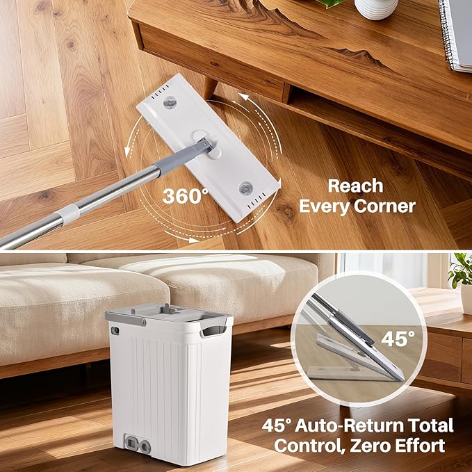 Mop and Bucket Set with AUTO Pump, 3-Zone Separate Dirty and Clean Water, Flat Mop and Bucket System with Wringer and Wheels, 4 Reusable Microfiber Pads, One-Touch Water Filling for Home Cleaning