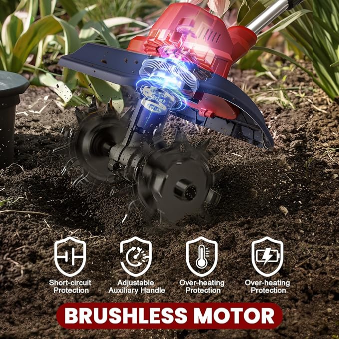 Cordless Garden Tiller Cultivator Compatible with Milwaukee 18V Battery, 250RPM Electric Rototiller with Brushless Motor, 48 Steel Tines, 8.7" Tilling Width, 6.3" Depth, Rotary Tiller(Tool ONLY)