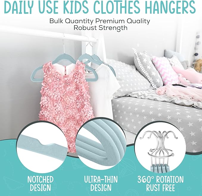 TechZoo 50 Premium Kids Velvet Hangers - 14" Non-Slip Ultra Slim Space-Saving Clothes Hangers with 360° Swivel Hook - Strong & Durable Hangers for Children & Preteens Wardrobe - Blue