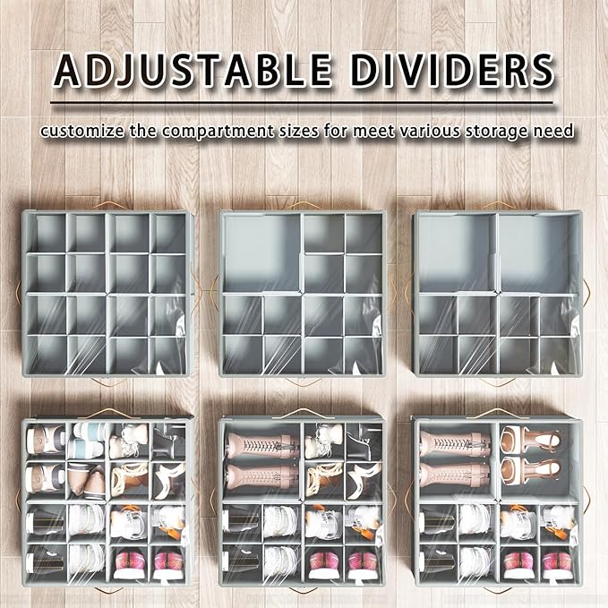 Shoe Organizer for Closet,2 Pack Foldable Shoe Storage Organizer Box Bin with Adjustable Dividers and Clear Cover, Fits up to 16-32 Pairs（Grey）
