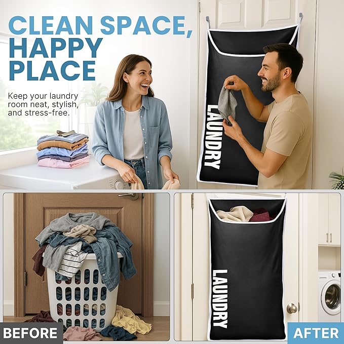 Hanging Laundry Hamper Bag XL 40x22", Space Saving over the Door Storage Bags, Behind the Door Hampers for Dirty Clothes & Wall Mounted Basket for Bathroom, Organizer for Small Room Spaces RV