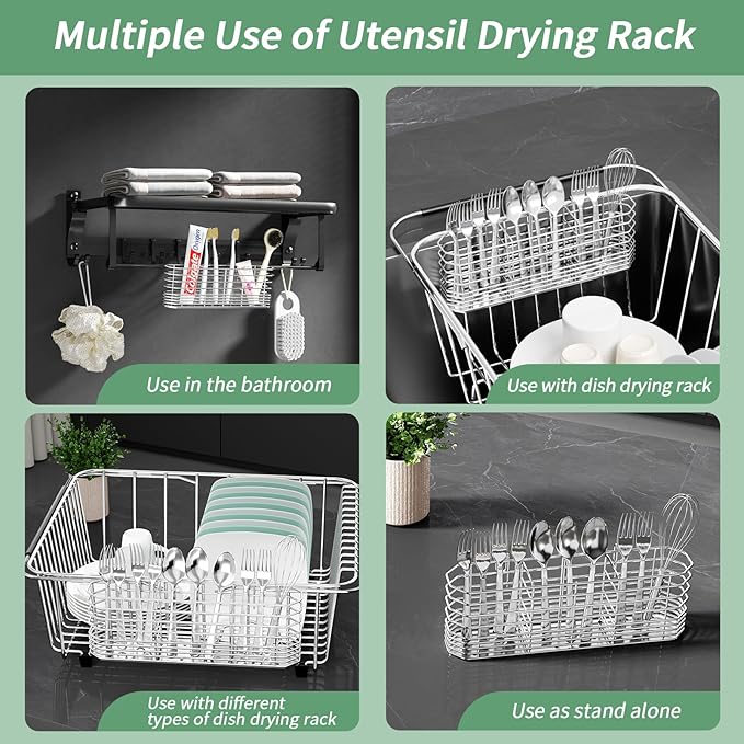 Fanbsy 304 Stainless Steel Utensil Holder, Dish Drying Rack, Kitchen Utensil Organizer, Knife and Fork Drainage Rack, Kitchen Drainage Basket Accessories, with Hooks, Rust Proof