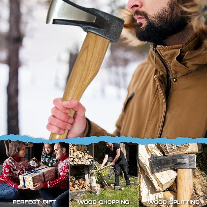 PRANDI Axe with Splitting Wedge 4.41lb - Hickory Handle 31.52in - Ideal for Firewood, Splitting, and Chopping - Made in Italy