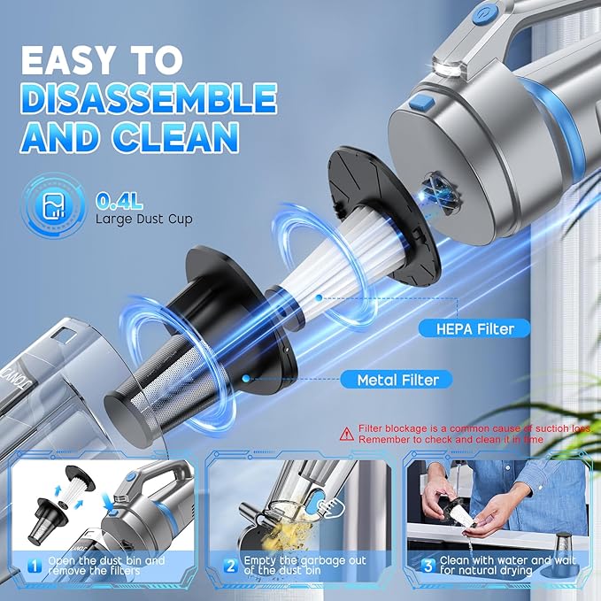 JONYJ Handheld Vacuum Cordless, 16000PA Strong Suction Hand Held Car Vacuum Cleaner, Portable Hand Vacuum Rechargeable with Multi-Nozzles & LED Light for Home, Car, Office, Pets
