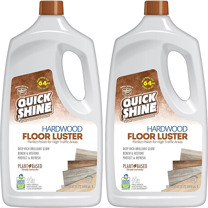 Quick Shine Hardwood Floor Luster 64oz, 2Pk | Plant-Based Cleaner & Polish w Carnauba | Simply Squirt & Spread | Don't Refinish It & Multi Surface Deep Floor Cleaner and Wax Remover 27oz, 2Pk