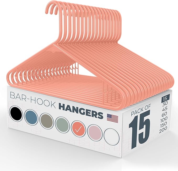 Neaties Plastic Hangers 15 Pack – Made in the USA – 6lb Capacity Standard Clothes Hangers with Strap Hooks for Dresses, Lingerie, Shirts, Pants, and Jackets – Peach