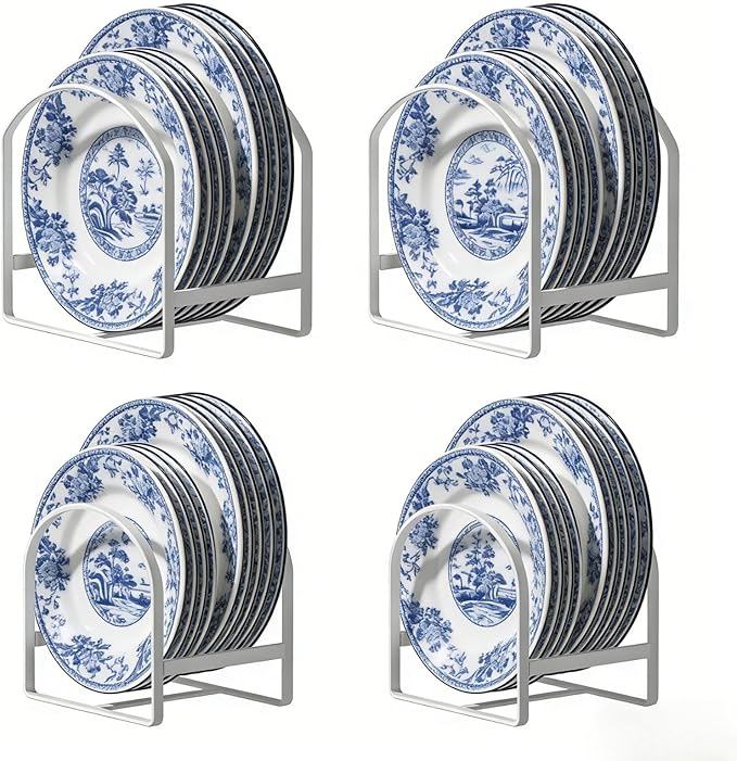 4 Pack Kitchen Plate Holder Organizer for Cabinet Space Saver Dinner Dish Storage Rack Upright Dish Drying Racks Metal Plate Dish Racks Stand for Cupboard and Countertop 2 Large 2 Small White