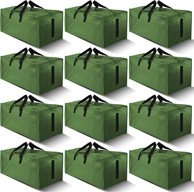 HOMESURE 12 Pack Large Strong Moving Bags with Zippers & Carrying Handles - Water-Resistant - Heavy Duty Storage Tote for Space Saving, Fold Flat, Alternative to Moving Box (Olive Green)
