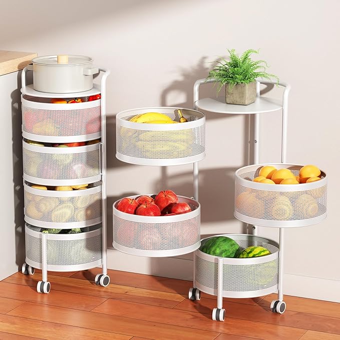 JAQ Rotating Storage Carts No Assembly, 4-Tier Round Storage Basket Rack Shelf Organizer on Rolling Wheels for Fruit Vegetables Grocery Corns Potato Onion Snack in Kitchen Pantry (4-Tier, White)